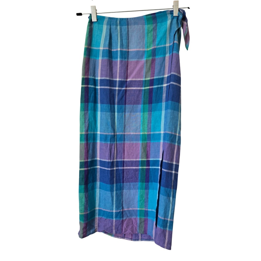 Lauren Ralph Lauren Womens 2 Petite Wrap Skirt Blue Plaid Linen Midi Preppy